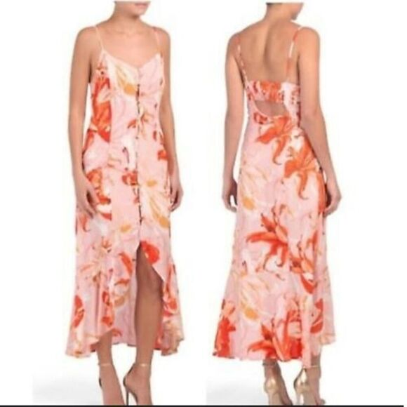 Abel The Label by Anthropologie Flower Bomb Lola High Low Dress Red Pink Flowy - Picture 1 of 10